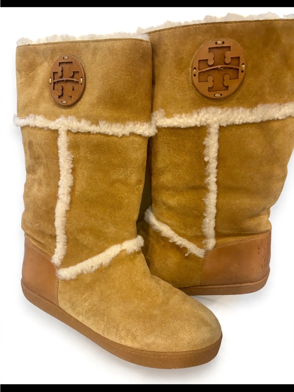 Tory Burch "Amelie" Tall Suede Shearling Boots Women's 10 Beige Tan shoes